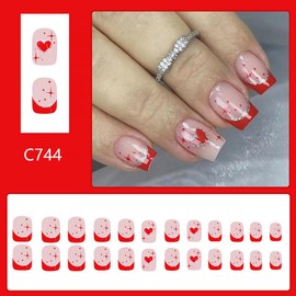 24Pcs Valentine's Day Press on Nails Short Square French Tip Fake Nails Red Silver Glitter Full Cover Artificial Glue on Nails Romantic Heart Stick on Nails Star False Nails for Women DIY Nails