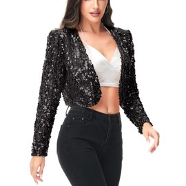 ANNA-KACI Womens Shiny Sequin Long Sleeve Glitter Cropped Blazer Bolero Shrug, Black, Medium