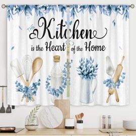 Riyidecor Navy Blue Teal Eucalyptus Leaves Kitchen Curtains Small Short Leaf Plants Country Botanical Country Rod Pocket Natural Spring Bedroom Living Room Treatment Fabric 2 Panels 27.5Wx39H Inch