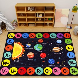 AKASISRUG Outer Space Kids Rug Carpet for Playroom, ABC Educational Learning Area Rug, Non-Slip Solar System Road Play Play Rug for Kids Bedrooms, Classroom, Nursery Room Decor (Black, 59X39.4 INCH)