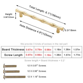 ESreake 6Pcs Bamboo Shape Solid Zinc Alloy Cabinet Knobs Handles, Dresser Drawer Cabinet Cupboard Closet Door Pulls Decorative Furniture Accessories Knobs (Length 6.1"/Hole Distance 5", Golden)