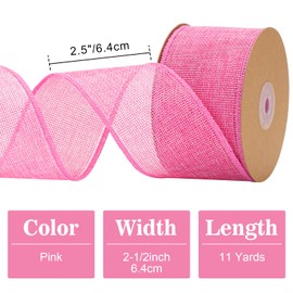G2PLUS Pink Jute Wired Burlap Ribbon, 10m x 6.4cm, Rustic Wedding Decoration