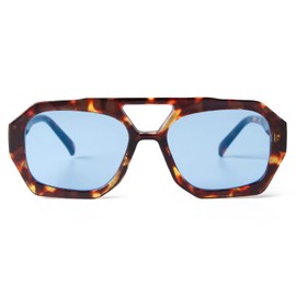 ADE WU Trendy Square Aviator Sunglasses for Women Vintage 70s Fashion Thick Double Bridge Hexagon Sun Glasses Aviator Style (Tortoise shell Frame/Blue Lens)