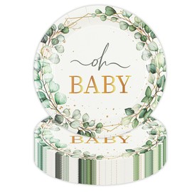 HFBOBP 50 PCS Eucalyptus Baby Shower Paper Plates, 7Inch Greenery Oh Baby Dessert Plate Party Supplies Disposable Tableware Sets for Boys or Girls Gender Reveal Shower Party Decorations Favors