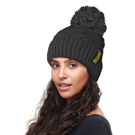 RockJock R80 Warm Chunky Cable Knit Pom Pom Hat with Thermal Insulating Teddy Fleece Liner-Natural