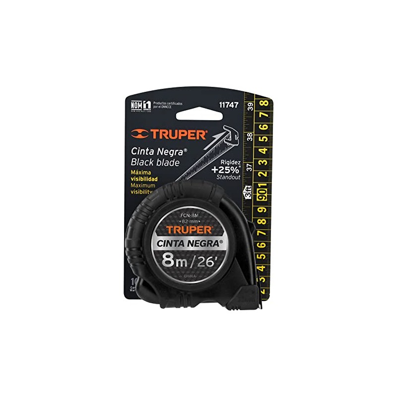 Truper FCN-8M, Flexómetro contra impactos 8 m cinta negra 25