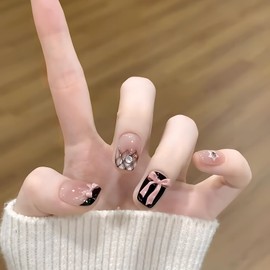 LEVGAL Magnetic Nail Tips, Short, 30 Pieces, Fake Nails, Short, French, Black, 3D Ribbon, Plaid, Gradient, Cat Eye, Diamond, Decorative Magnetic Nails, Popular Nails, Japanese Style, Cute, Stylish