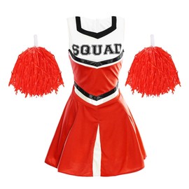 Ladies Cheerleader Costume with Pom Poms - Womens Highschool American Style Fancy Dress Party Outfit (Red – UK 4-6)