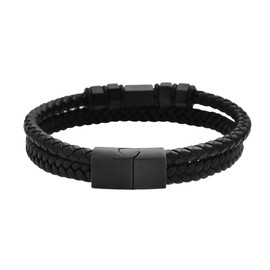 Magna Steel Men's Two-Layer Braided Genuine Leather Wheat Chain Bracelet with Stainless Steel Ornaments (Black)