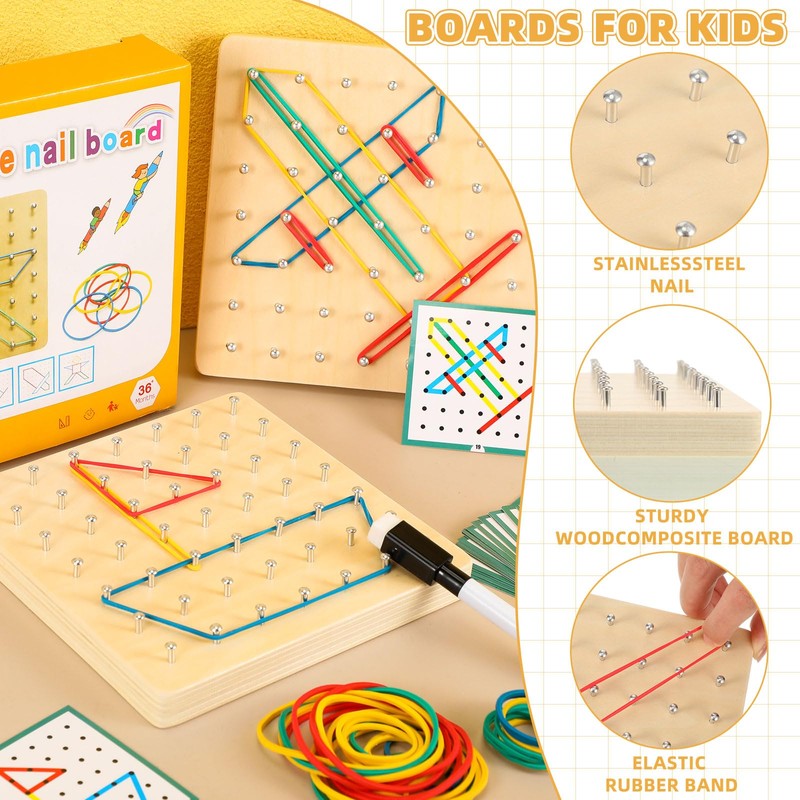 Jenaai 6 Set Wooden Geoboard with Rubber Bands Graphical Montessori