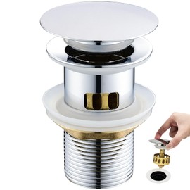 kelleria Drain Fitting Sink with Overflow, Pop-Up Valve Drain Set, Universal 1 1/4 Inch Drain Valve for Washbasins and Washbasins of All Kinds, Includes 3 Seals, Chrome, Brass