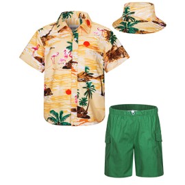 MOHEZ Boys Hawaiian Shirt and Short Set Summer Outfit Kids 2 Piece Clothes Button Down Shirts Set with Bucket Hat Yellow 13-14 Years Old