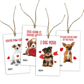 40 Pcs Valentine's Day Paper Gift Tagsc with Hemp Rope Lovely Dogs Theme Present Wrap Hang Label Kids Hang Name Label Valentine's Day Anniversary Party Wrapping Supplies (4 Designs) -L603