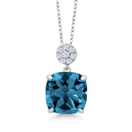 Gem Stone King 925 Sterling Silver London Blue Topaz Pendant Necklace For Women (9.12 Cttw, Gemstone Birthstone, 12MM Cushion Cut with 18 Inch Silver Chain)