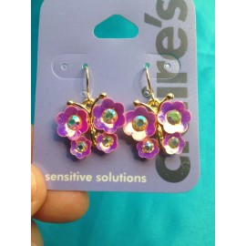 Claire's One Pair Claire's Pink Purple Gold tone Flower Wings Dangling Butterfly Earrings