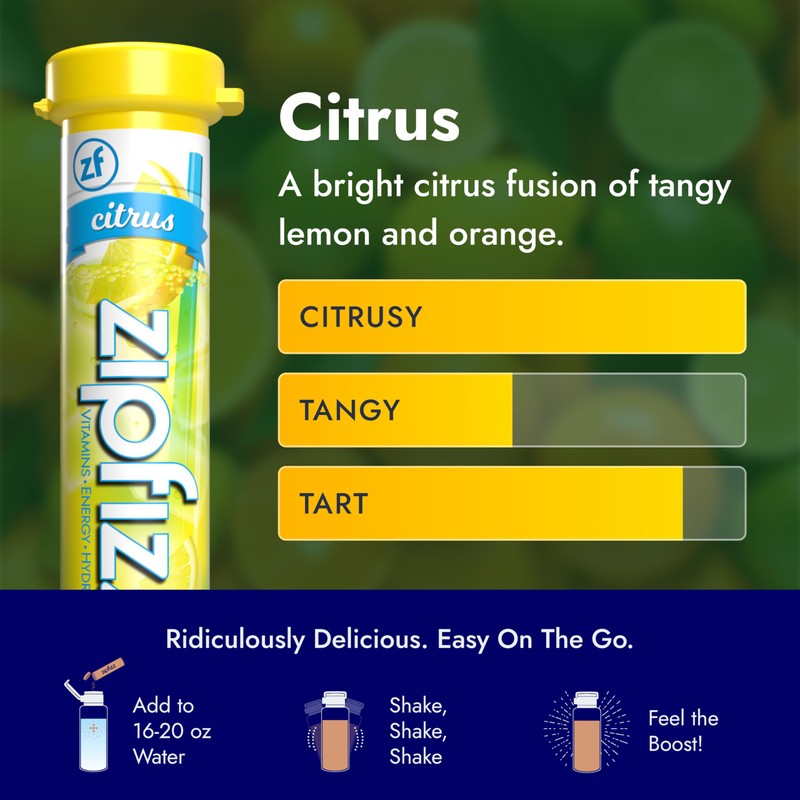 Zipfizz Daily Energy Drink Powder, Citrus, 20 Pack, 3-in-1 Sustained