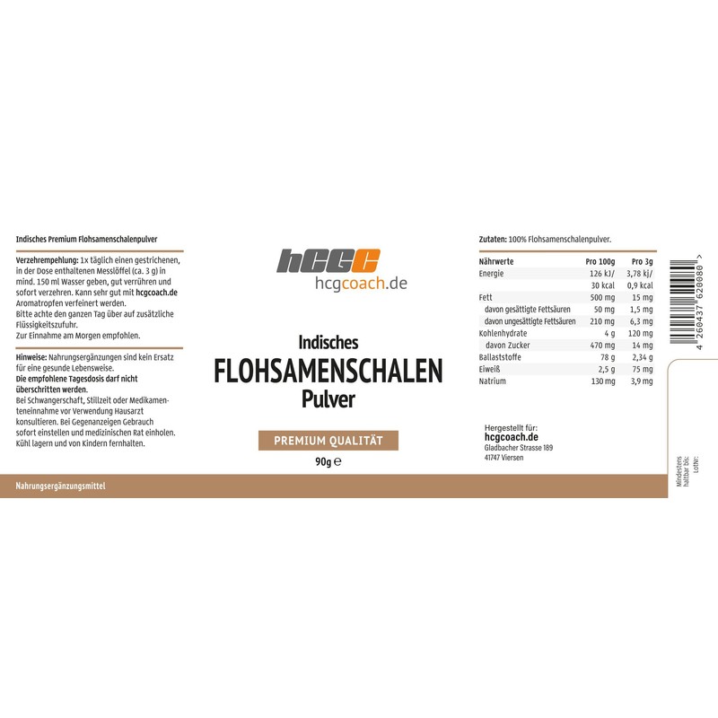 hCGC® Indian psyllium husk powder (90 g), ideal for the