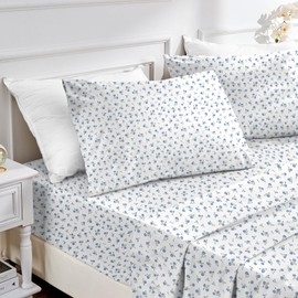 MUXHOMO Queen Size Sheet Set, Soft Breathable 4 Piece Bed Sheet Set for Bedroom with Deep Pocket Up to 16", Wrinkle-Free & Cooling Bedding for Oeko-TEX Certified - Floral Blue