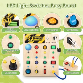 Hikoshi Toddler Busy Board Montessori Switch Toy - Travel Sensory Wooden Baby Busy Board with 13 Led Light Buttons, Busy Board for Toddler 1 2 3 4 5 Year Old