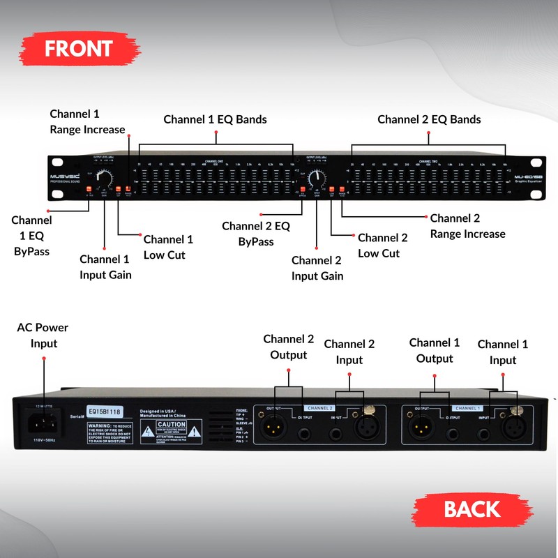 MUSYSIC 15-Band Stereo Graphic Equalizer Professional Dual – High-Fidelity Sound,