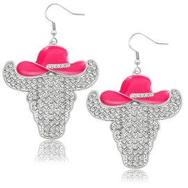 Sparkly Rhinestone Western Earrings for Women Cowgirl Enamel Hat Cow Bull Head Dangle Earrings Country Earrings Rodeo Cowboy Party Concert Disco Outfits Jewelry for Women, Zinc, Rhinestone