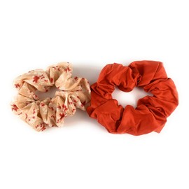 Tan floral Rust Red solid set 2 fabric ponytail holder hair tie scrunchies soft rayon fabric