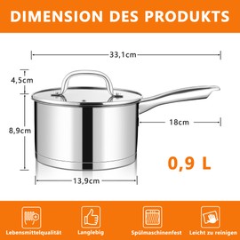 TEAMFAR Saucepan, 14 cm Small Stainless Steel Milk Pot Induction with Glass Lid, 3-Layer Base for All Hobs, 0.9 L Casserole Cooking Pot for Small Portions, Non-Toxic, Dishwasher Safe