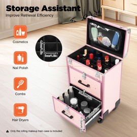 DDYOOK 3 layers Aluminum Rolling Makeup Case, Travel Portable Beauty Luggage Trolley Lockable w/ 360° Universal Wheel, Professional Rolling Makeup Train Case Makeup Artists Cosmetic Organizer (Pink)