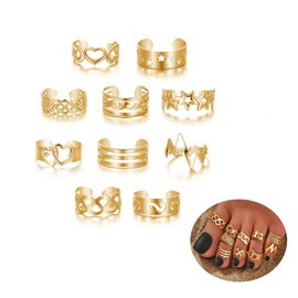 vdwv 10pc Moon Star Toe Rings Set Adjustable Band Rings Bulk Knuckle Rings Open Rings Star Finger Rings Heart-Shape Toe Ring Jewelry for Women (Gold)