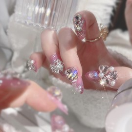 24pcs Nail Tips Ribbon Decoration Rhinestone Bijou Lovely Adult Women Pink Nail