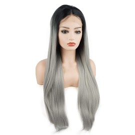 Meiyite Hair Straight Super Long 28inch Dark Root Grey Ombre Heavy Density Half Hand Tied Realistic Synthetic Lace Front Wigs