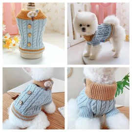 Pet Knitted Braided Turtleneck Sweater for Small Dogs Cats Warm Soft Puppy Pullover Button Flower Design (Medium, Blue)