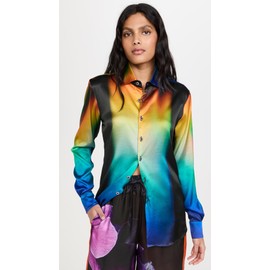 BruceGlen Women's Blue Flame Gradient Printed Button Up Blouse, Blue Flame, S