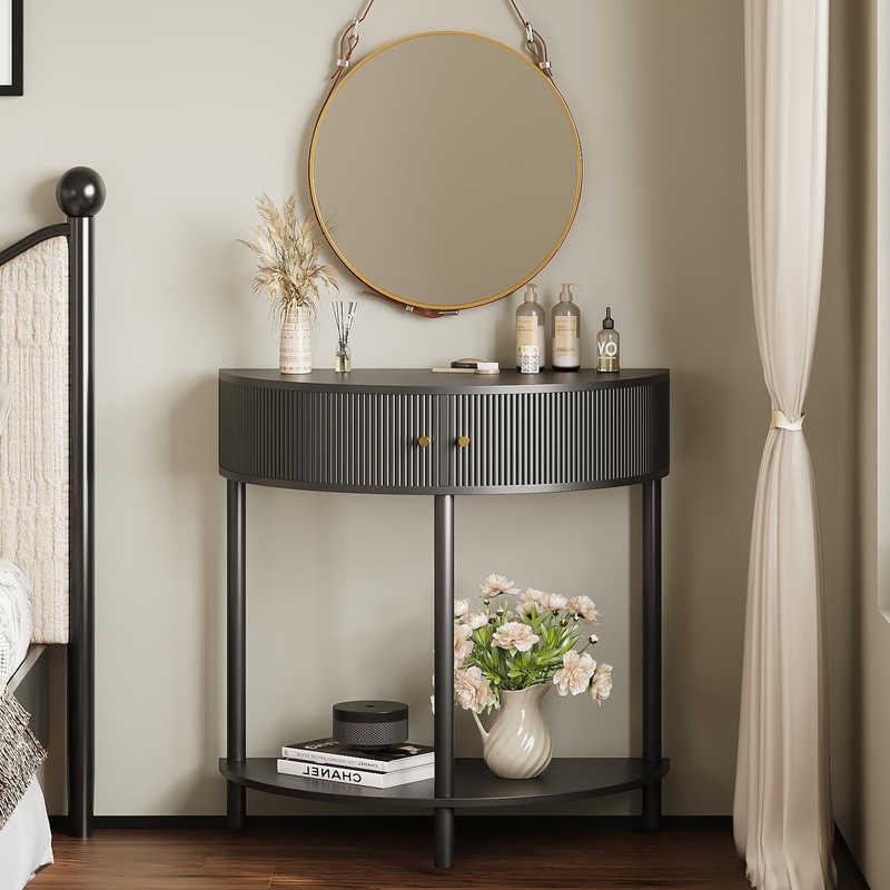 Trironsun Fluted Half Moon Console Table 2 Tier Narrow Entryway