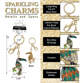 Aqua79 Toucan Keychain - Brown Sparkling Rhinestones Charm, Fashionable Stylish Polyester PU Wild Life Gold Key Ring Bling Jewelry Accessory with Clasp For Key Chain, Bag, Purse and Backpack