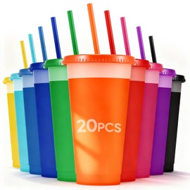 20pcs Vasos de Plastico,710ml Reutilizables Sin BPA Vasos para Fiesta con Tapa y Popote,Vasos que Cambian de Color con Agua Fría para Fiestas,Boda,Caf