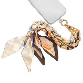AGEN KGEN Wrist Strap with Silk Bow Ribbon Phone Charm, Detachable with Tether Tab, Hands-Free Wristlet Bracelet Phone Grip (Apricot & Brown Flowers)