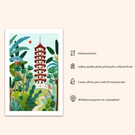 Singapore Travel Print, Chinese Garden, Pagoda, Singapore Wall Art, Botanical Illustration, Home Decor, Tropical, Nursery Wall Art, Wedding Gift, Housewarming Gift, Home Decor (Unframed) (16x24 in)