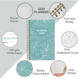 2025 Planner - Academic Planner 2025 from January 2025 to December 2025, Planner 2025 with 12 Monthly Tabs, Inner Pocket, 6.4" x 8.5", Teal Leaf