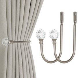 2 Pieces of Heavy Duty U Shaped Metal Curtain Holdbacks Curtain Tie Backs Hook with Clear Crystal Ball Tie Backs for Curtains (2, Silver)