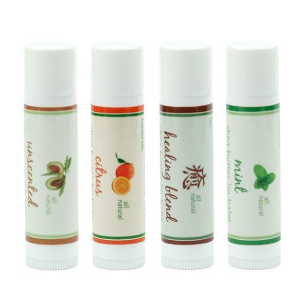 Lip Balm (Pack of 4) - Moisturizing Solution for Dry, Chapped Lips - Smooth, Soothing Salve of Shea Butter, Bees Wax, Sweet Almond Oil, Vitamin E, Pure Essential Oils (Natural Bundle)