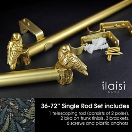 ILAISIHOME 1-1/8 Inch Diameter Brushed Gold Curtain Rod with Bird Design Finials, 36-72'' Telescoping Single Curtain Rods for window width 24-68 inch, 1 pack