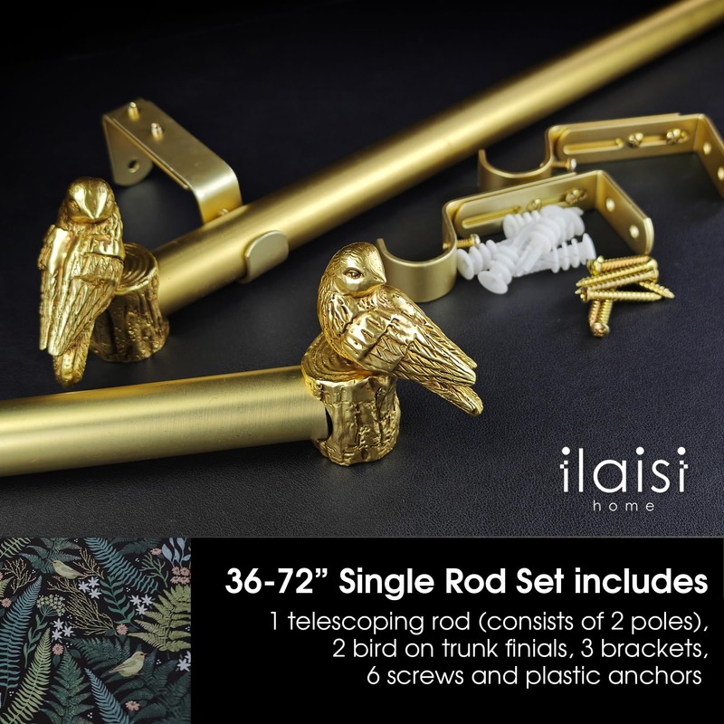 ILAISIHOME 1-1/8 Inch Diameter Brushed Gold Curtain Rod with Bird