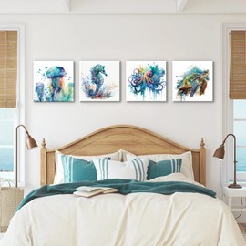 Ocean Wall Art Bathroom Coastal Wall Decor Sea Animal Pictures Kids Bedroom Watercolor Teal Turtle Seahorse Jellyfish Octopus Painting Canvas Prints Artwork Living Room Home Decorations 16x16" 4 Pcs