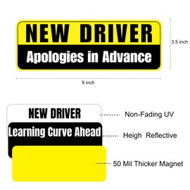 Lusinus New Driver Magnet for Car - 2-Pack Reflective Funny Magnetic Bumper Sticker Set - Removable Novice Driver Safety Attention Sign (New Driver) 9 x 3.5