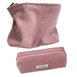 GeorgeX Bolsa de Maquillaje de Viaje para Mujer, Bolsa de Maquillaje Grande Bolsa de Cosméticos de pana Estética para Mujer (2pcs-Rosada)