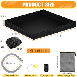 Tottist Upgraded Portable Shower Pan 41"x41"x5" - Heavy-Duty Non-Slip Base with Drain Hole & Mesh Storage Bag | Collapsible Camp Shower Tray for RV, Beach, Glamping | Leakproof Outdoor Bath Floor