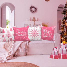 Lanpn White and Pink Christmas Cushion Covers 50x50 Set of 4, Decorative Xmas Throw Covers Pillow Cases 20x20 for Home Bedroom Room Holiday Couch Decor Decorations(White and Pink)