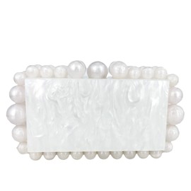 Boutique De FGG Acrylic Marble Prom Clutch Purse Women Beaded Evening Bag Bridal Wedding Party Chain Shoulder Handbag,Mini, White, Small