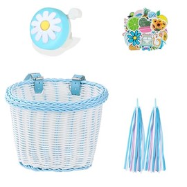 SVNR Kids Bike Basket Set, Bike Basket Kids, Wicker Girl Bike Basket Blue White, Bike Handle Bowknot Streamers and Bell, Children Cycling Basket with Spare Leather Straps, Easy Install Detachable